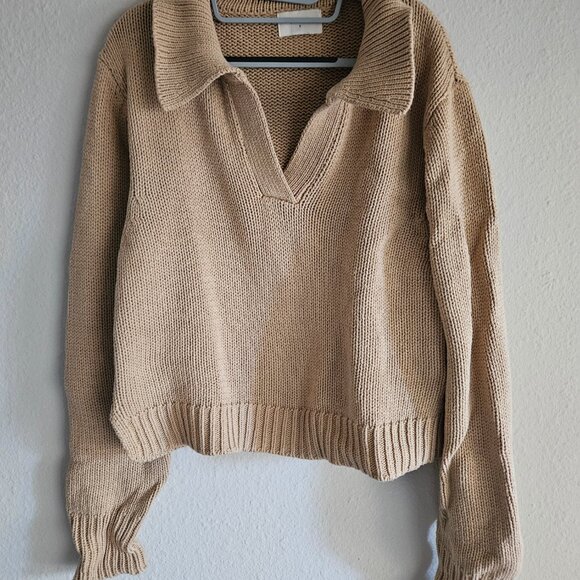 Dissh Oversized Solid Tan Brown Collared Vneck Knitted Pullover Sweater Jumper - Picture 2 of 5